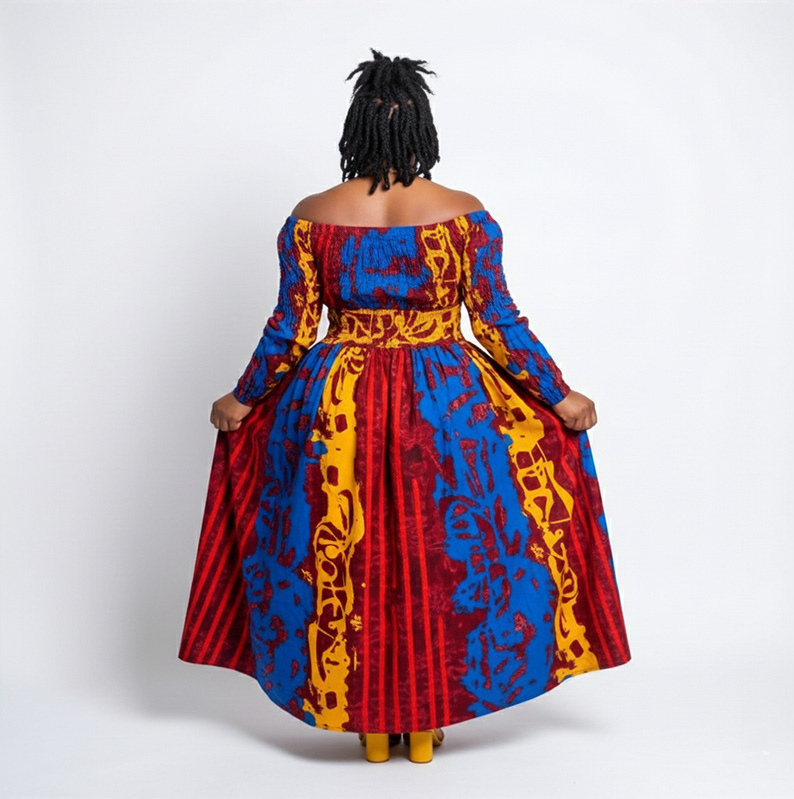 African Ankara Wax Print Off-Shoulder Maxi Dress