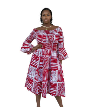 Red and White Ankara Print Smocked Midi Dress with Bell Sleeves