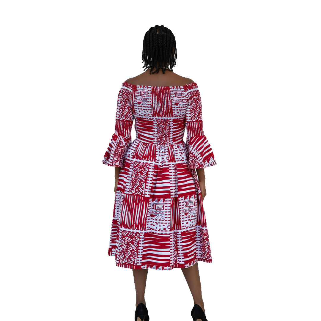 Off-Shoulder Red and White African Print Midi Dress with Bell Sleeves 4 Off-Shoulder Red and White African Print Midi Dress with Bell Sleeves - Image 4