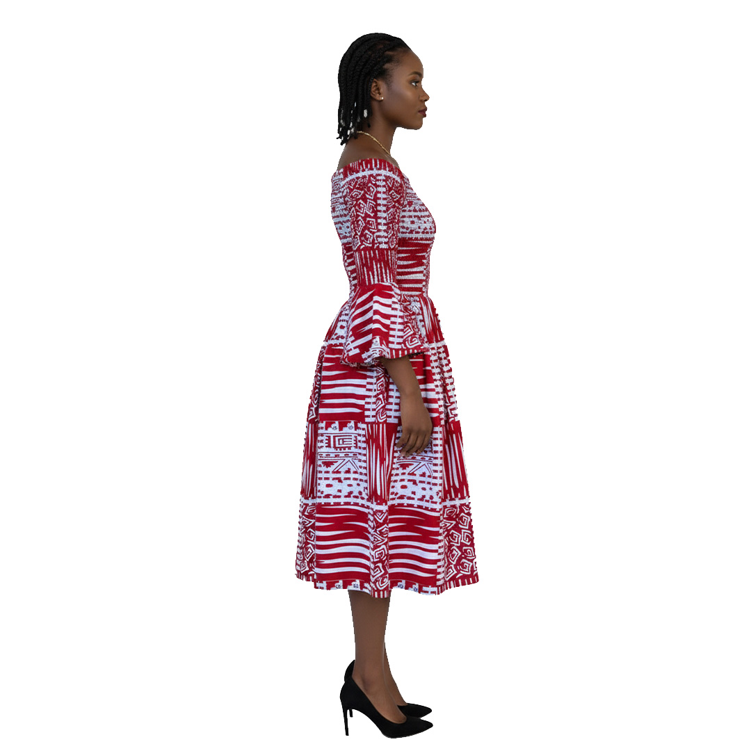 Off-Shoulder Red and White African Print Midi Dress with Bell Sleeves 3 Off-Shoulder Red and White African Print Midi Dress with Bell Sleeves - Image 3