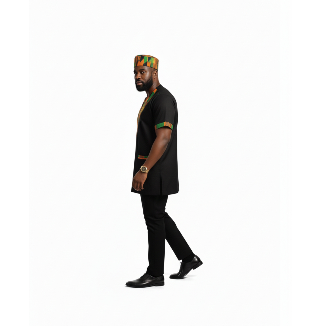 Kente Accent Black African Men's Suit/Dashiki Set