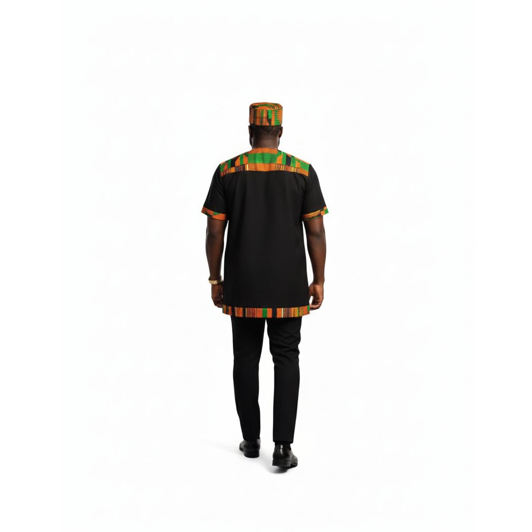 Kente Accent Black African Men's Suit/Dashiki Set