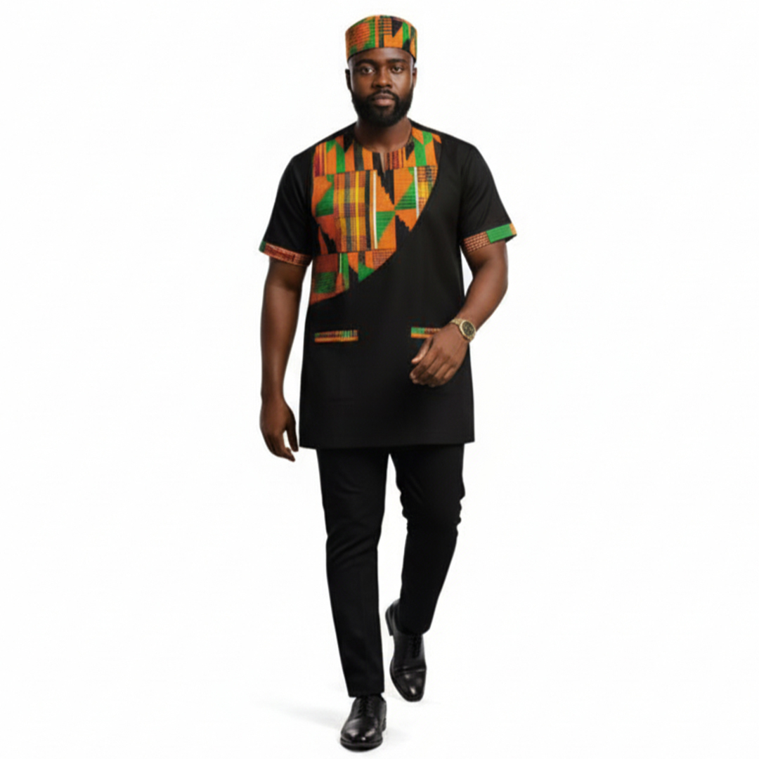 Kente Accent Black African Men's Suit/Dashiki Set