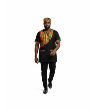 Kente Accent Black African Men's Suit/Dashiki Set