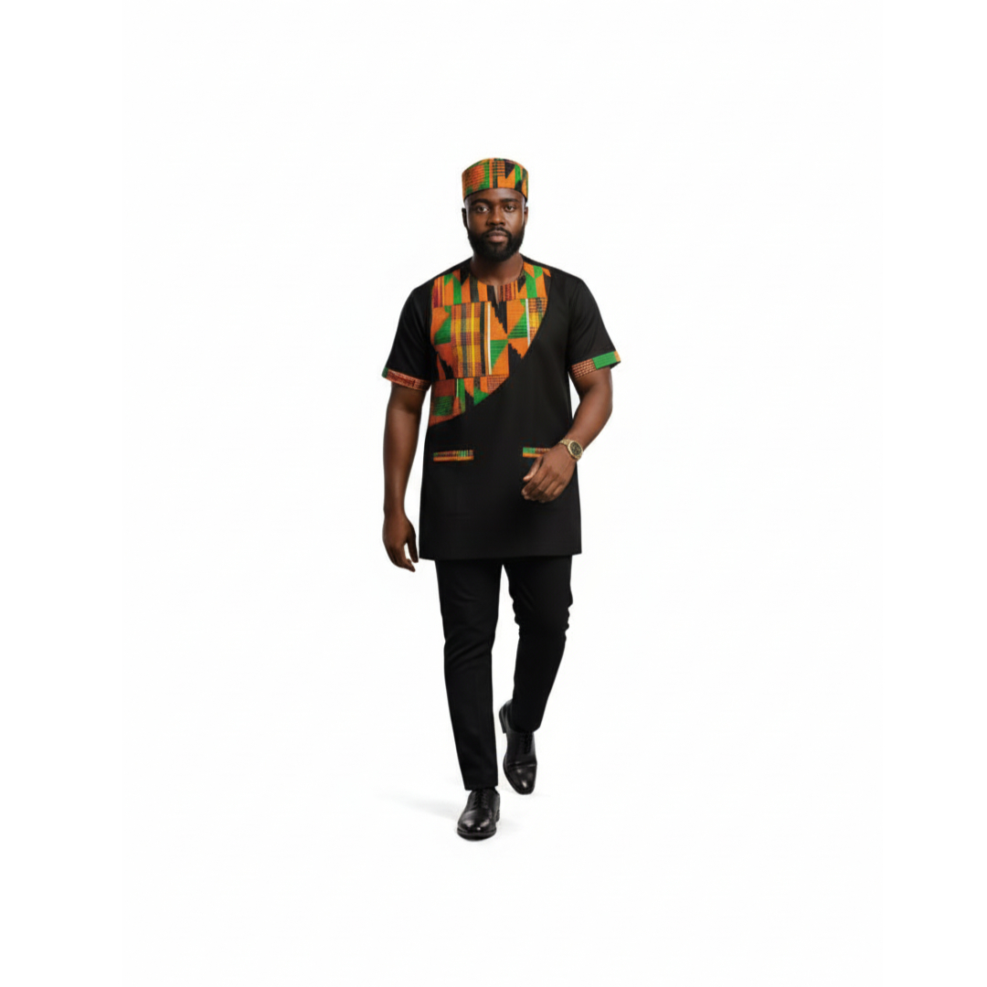 Kente Accent Black African Men's Suit/Dashiki Set