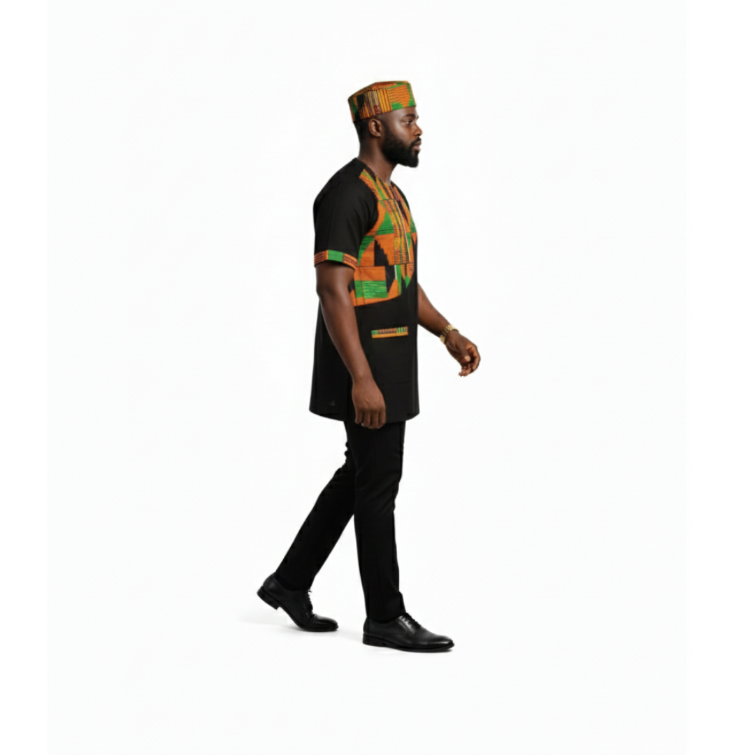Kente Accent Black African Men's Suit/Dashiki Set