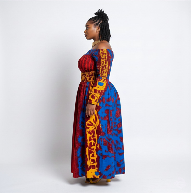 African Ankara Wax Print Off-Shoulder Maxi Dress