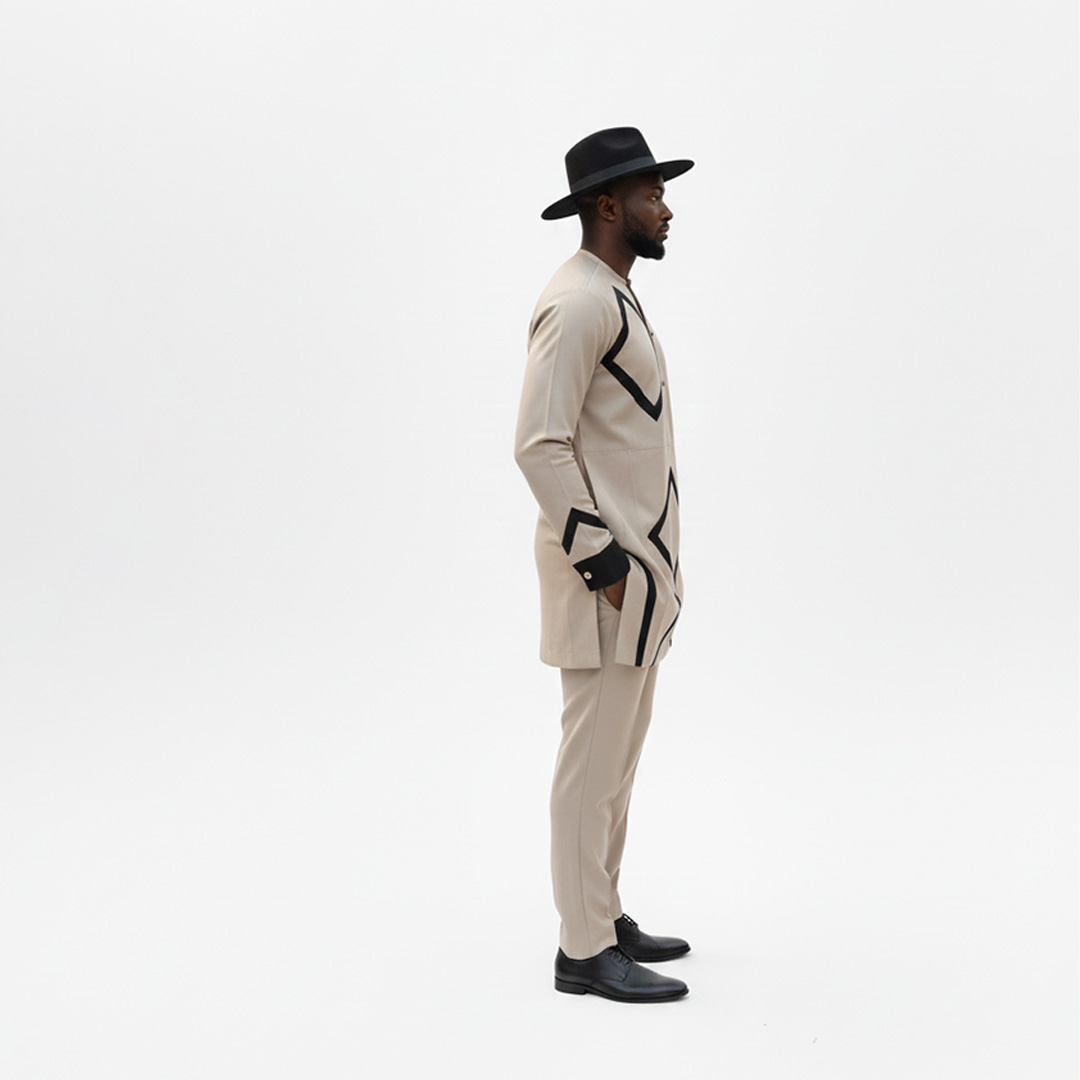 Premium Khaki & Black Geometric Design Two-Piece Suit for Men 3 Premium Khaki & Black Geometric Design