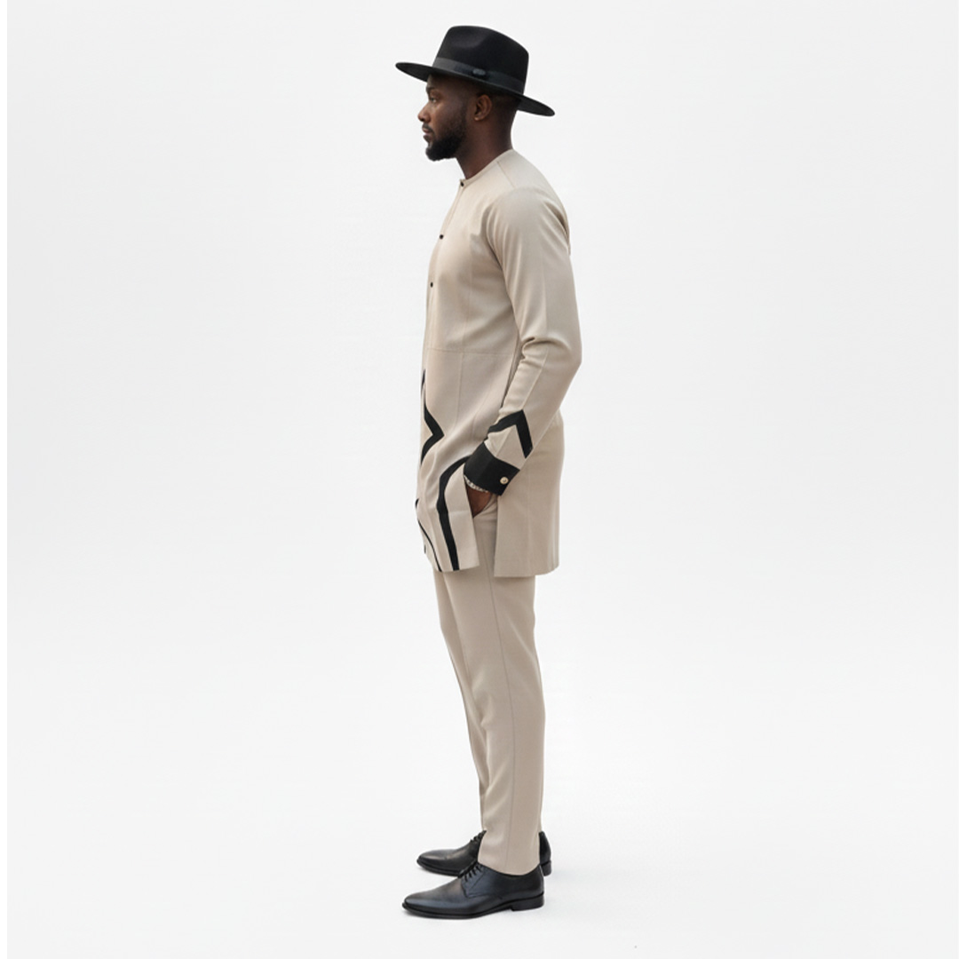 Premium Khaki & Black Geometric Design Two-Piece Suit for Men 2 Premium Khaki & Black Geometric Design Two-Piece Suit