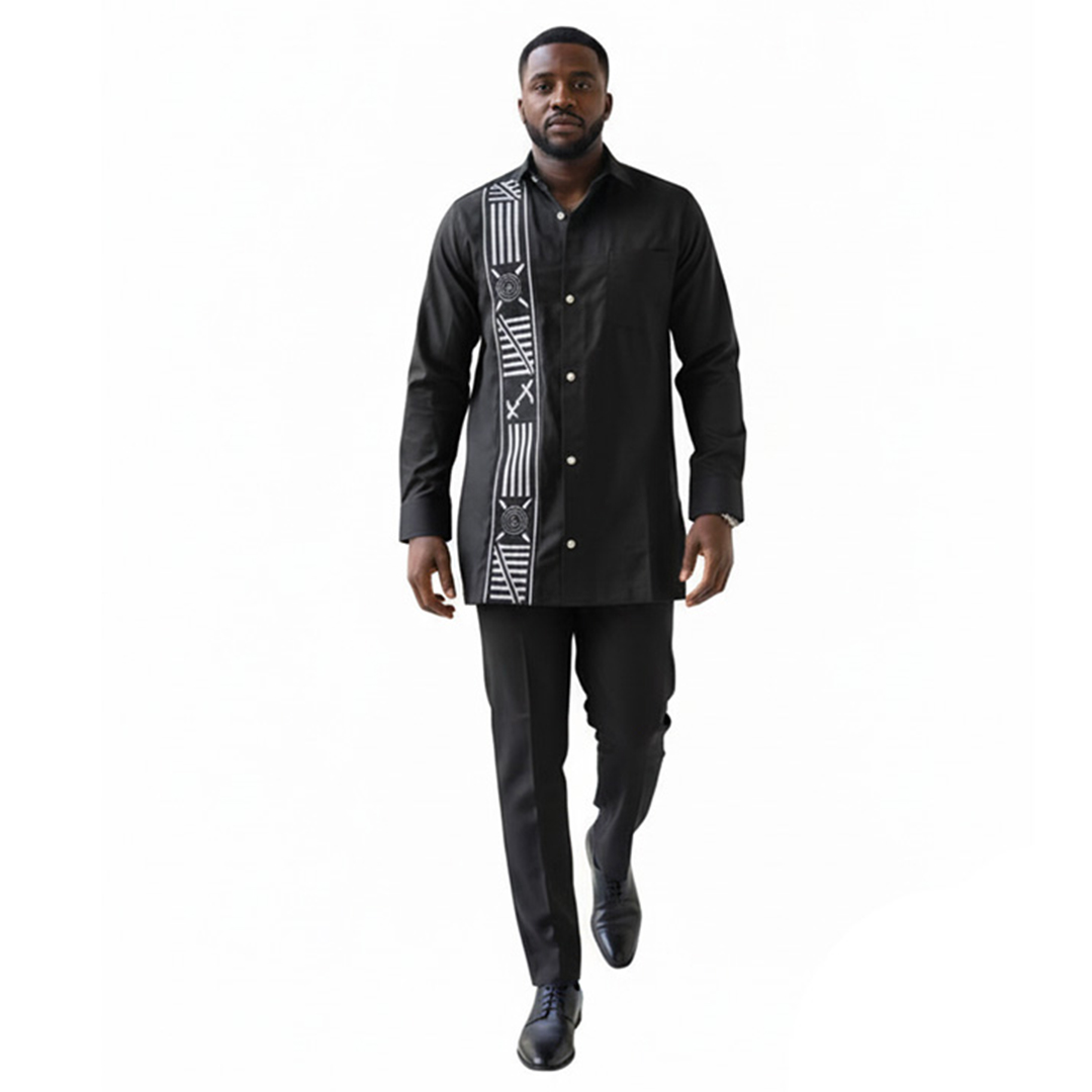 African Print Black Set Long-Sleeve Shirt with Geometric White Pattern Panel & Trouser