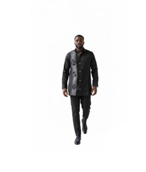 African Print Black Set Long-Sleeve Shirt with Geometric White Pattern Panel & Trouser