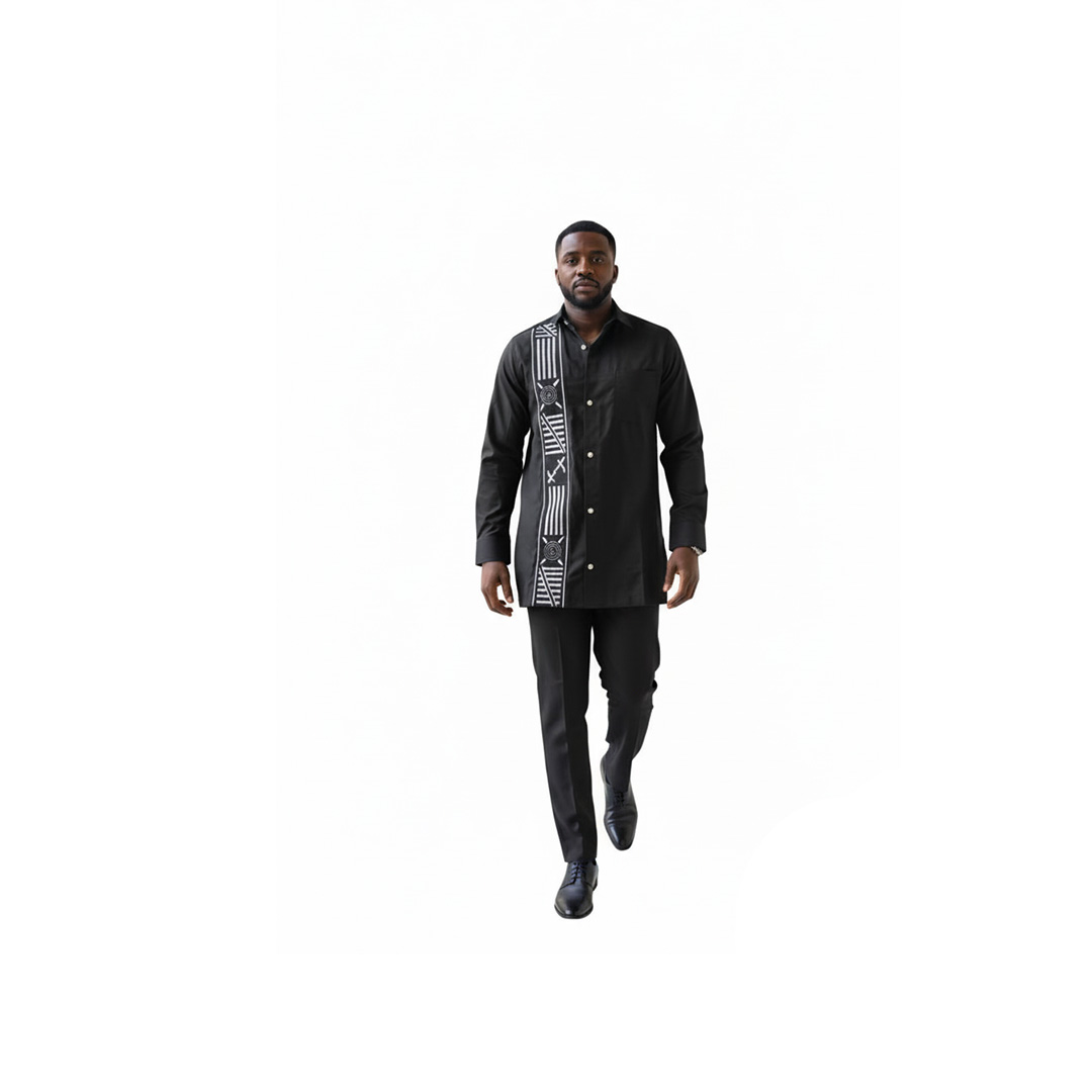 African Print Black Set Long-Sleeve Shirt with Geometric White Pattern Panel & Trouser