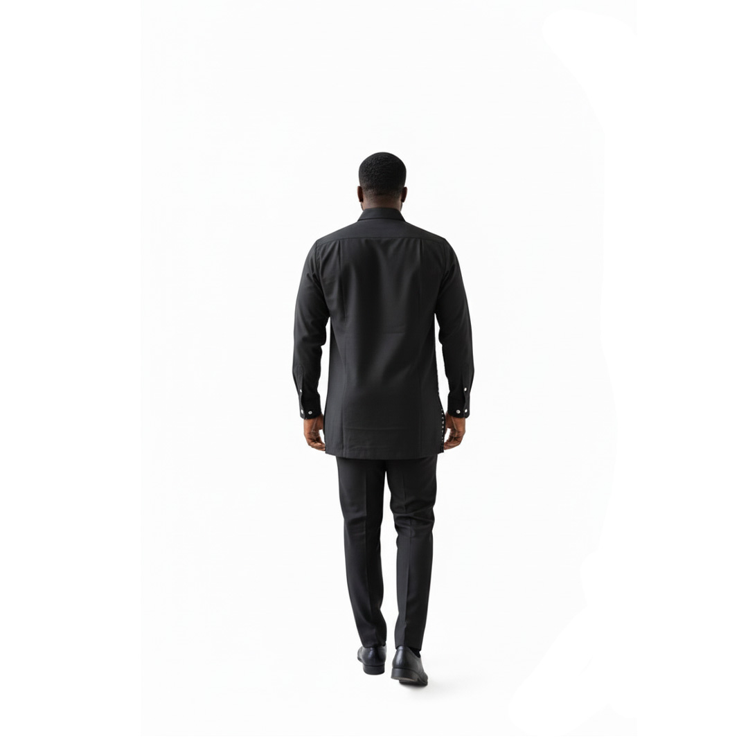 African Print Black Set Long-Sleeve Shirt with Geometric White Pattern Panel & Trouser 4 African Print Black Set Long-Sleeve Shirt with Geometric White Pattern Panel & Trouser