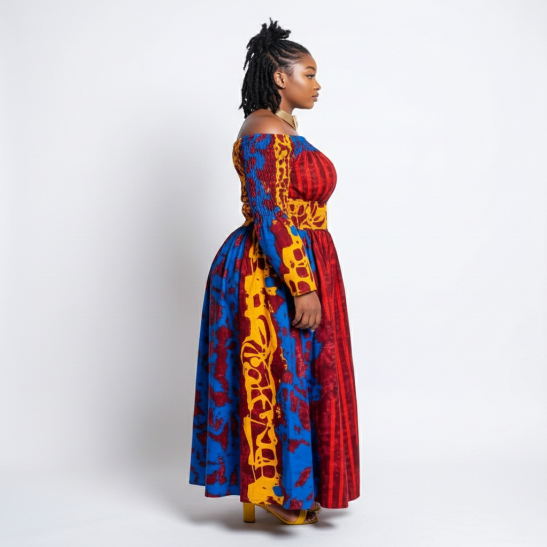 African Ankara Wax Print Off-Shoulder Maxi Dress