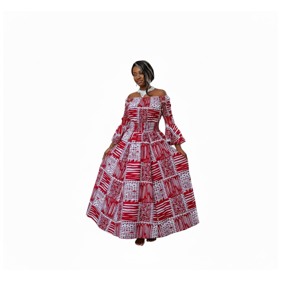 Red & White Ankara Maxi Dress | Off-Shoulder African Print