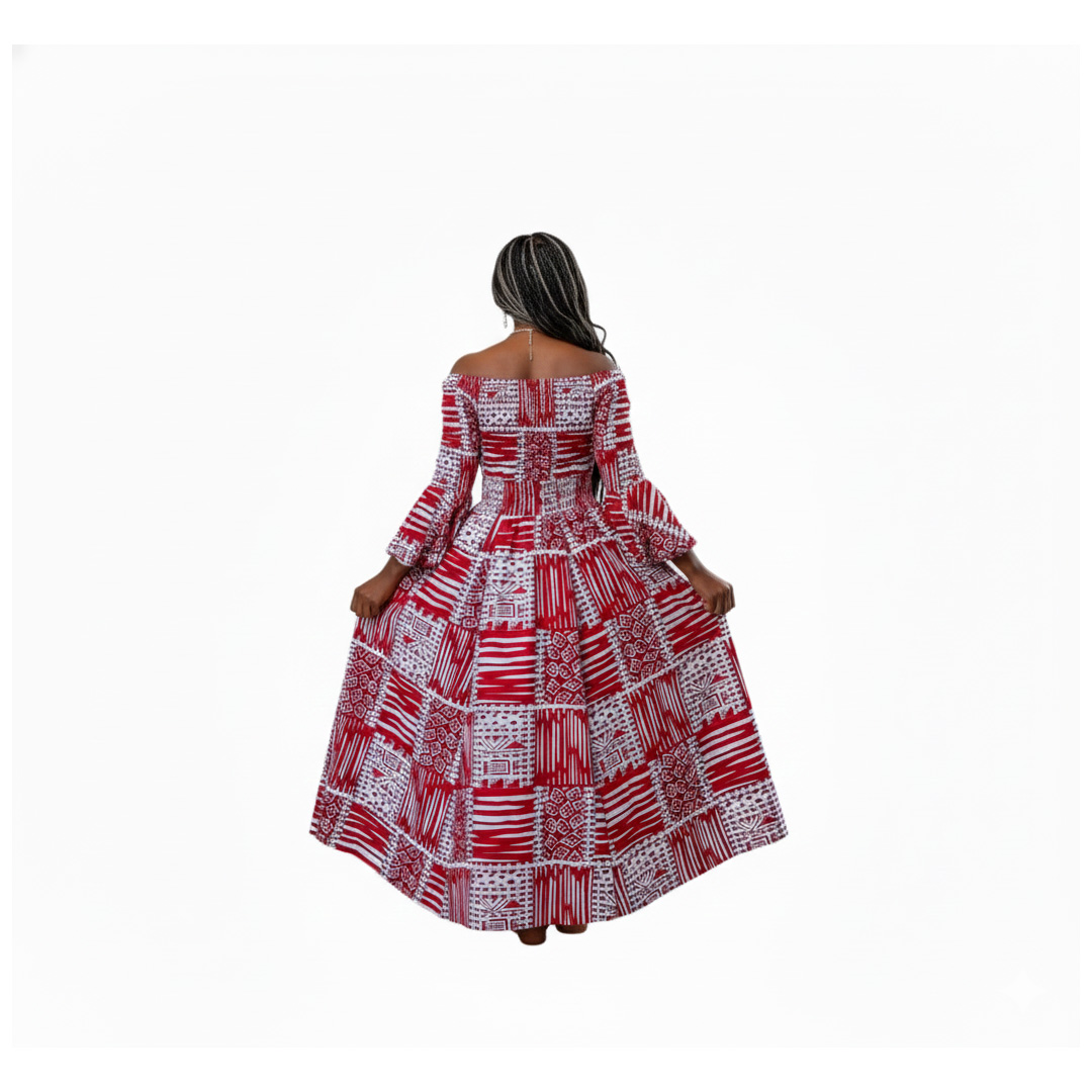 Red & White Ankara Maxi Dress | Off-Shoulder African Print