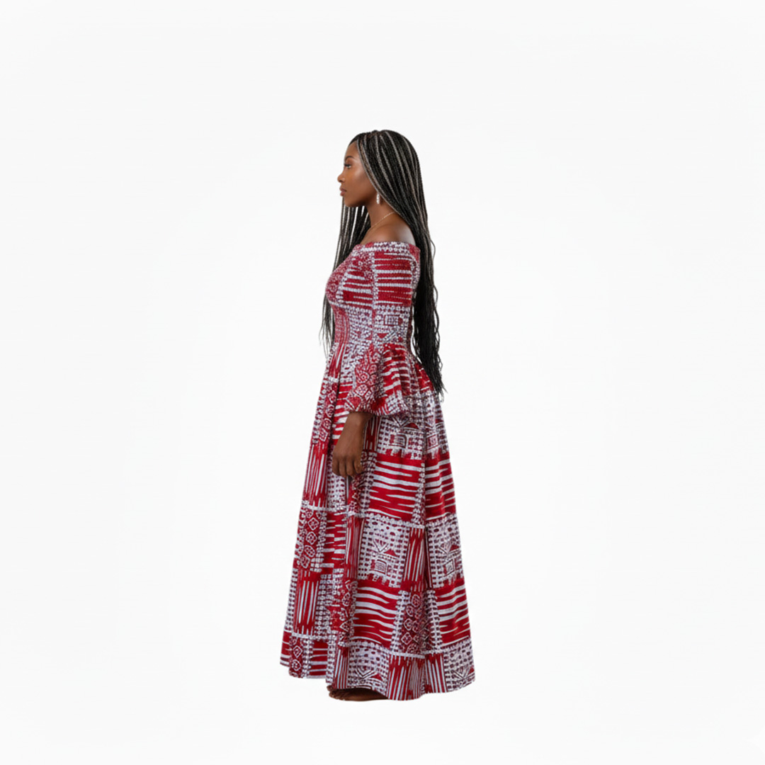 Red & White Ankara Maxi Dress | Off-Shoulder African Print