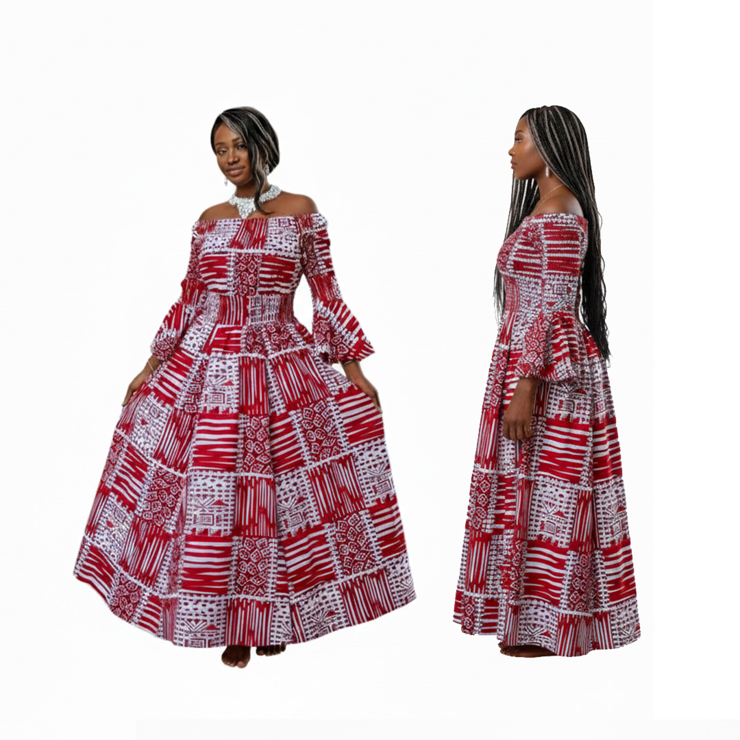 Red & White Ankara Maxi Dress | Off-Shoulder African Print