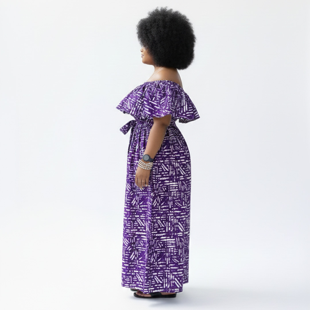 Purple African Print Off-Shoulder Maxi Dress