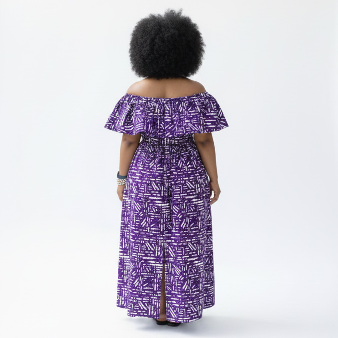 Purple African Print Off-Shoulder Maxi Dress