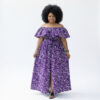 Item 65 Purple Geometric Print Maxi Dress – Ruffle Neck African Style Long Gown