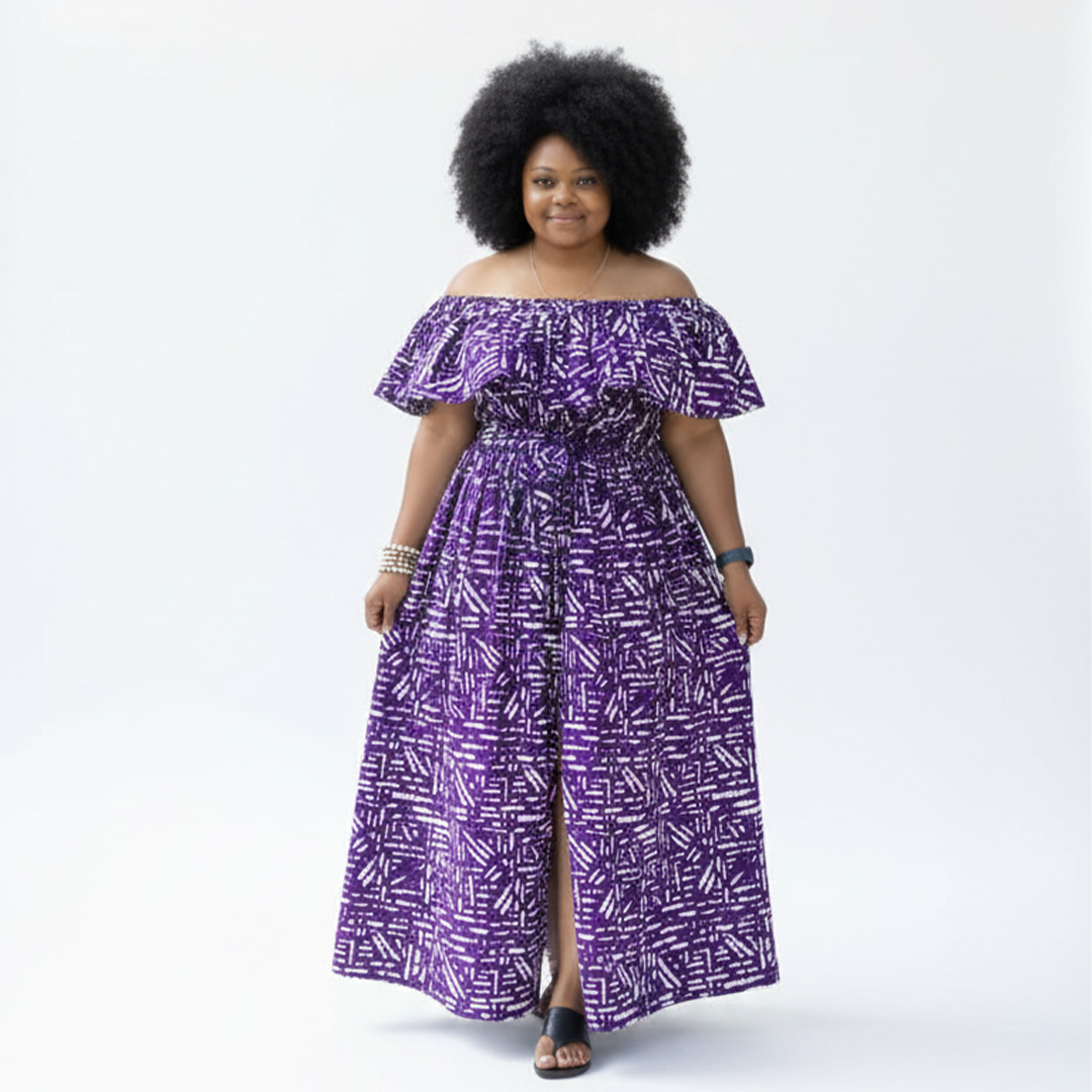 Purple African Print Off-Shoulder Maxi Dress