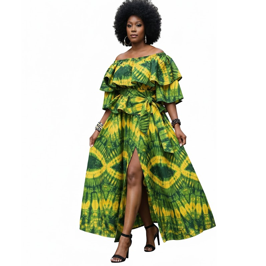 African Wax Print Green and Yellow Batik Maxi Skirt and Ruffle Top Set