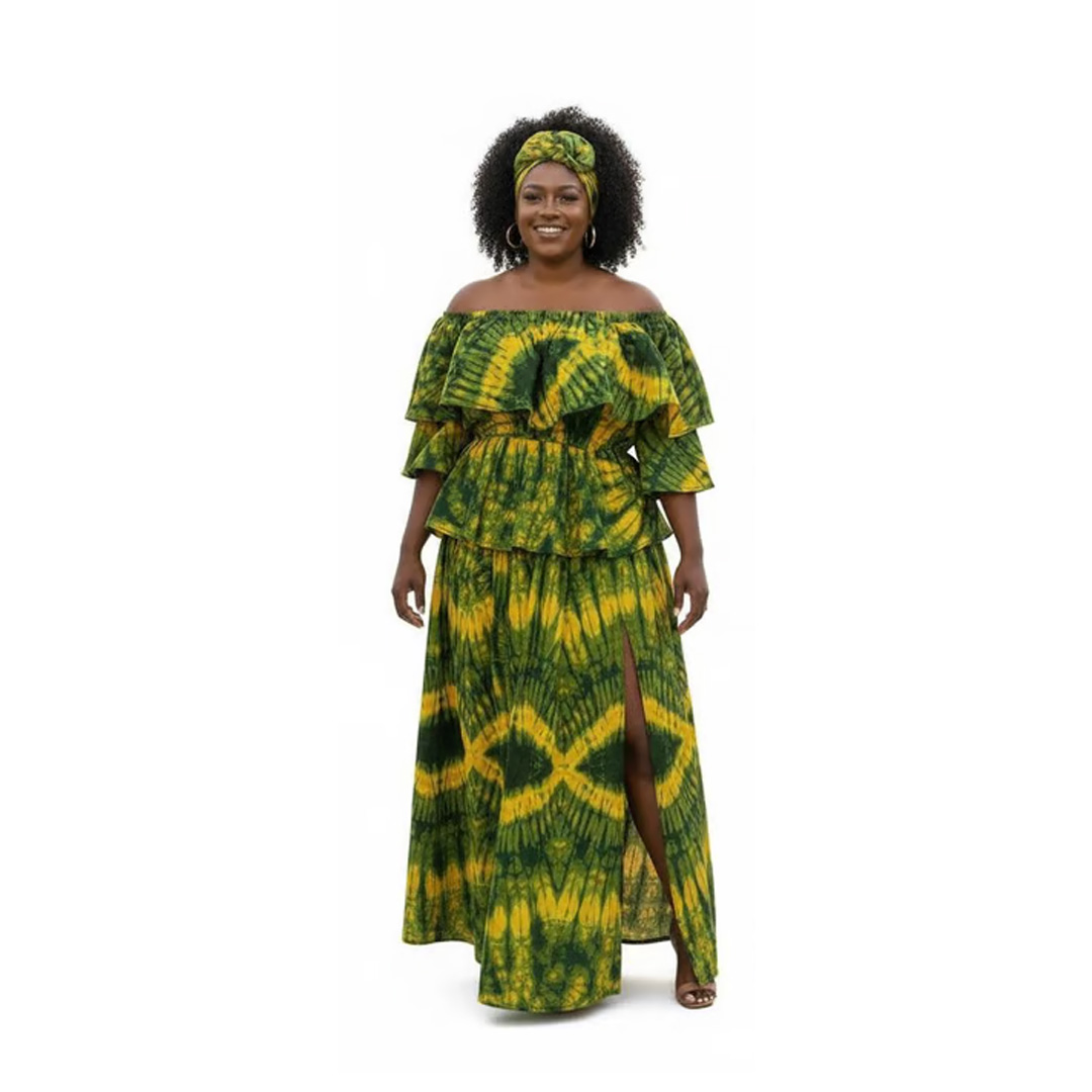African Print Off-the-Shoulder Maxi Dress