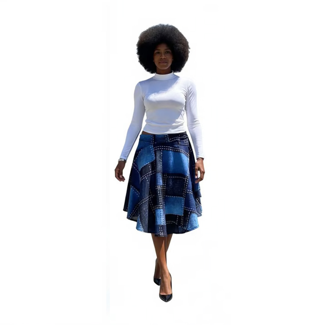 Patchwork Denim A-Line Midi Skirt