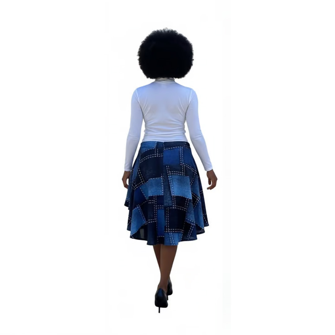 Patchwork Denim A-Line Midi Skirt