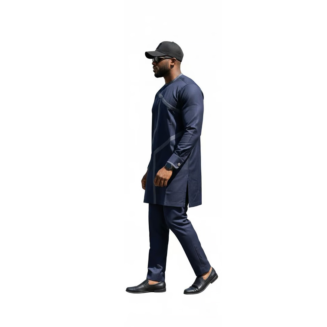 Men’s Navy Blue African Senator Suit – Embroidered Long-Sleeve Kaftan & Trousers Set - Image 4