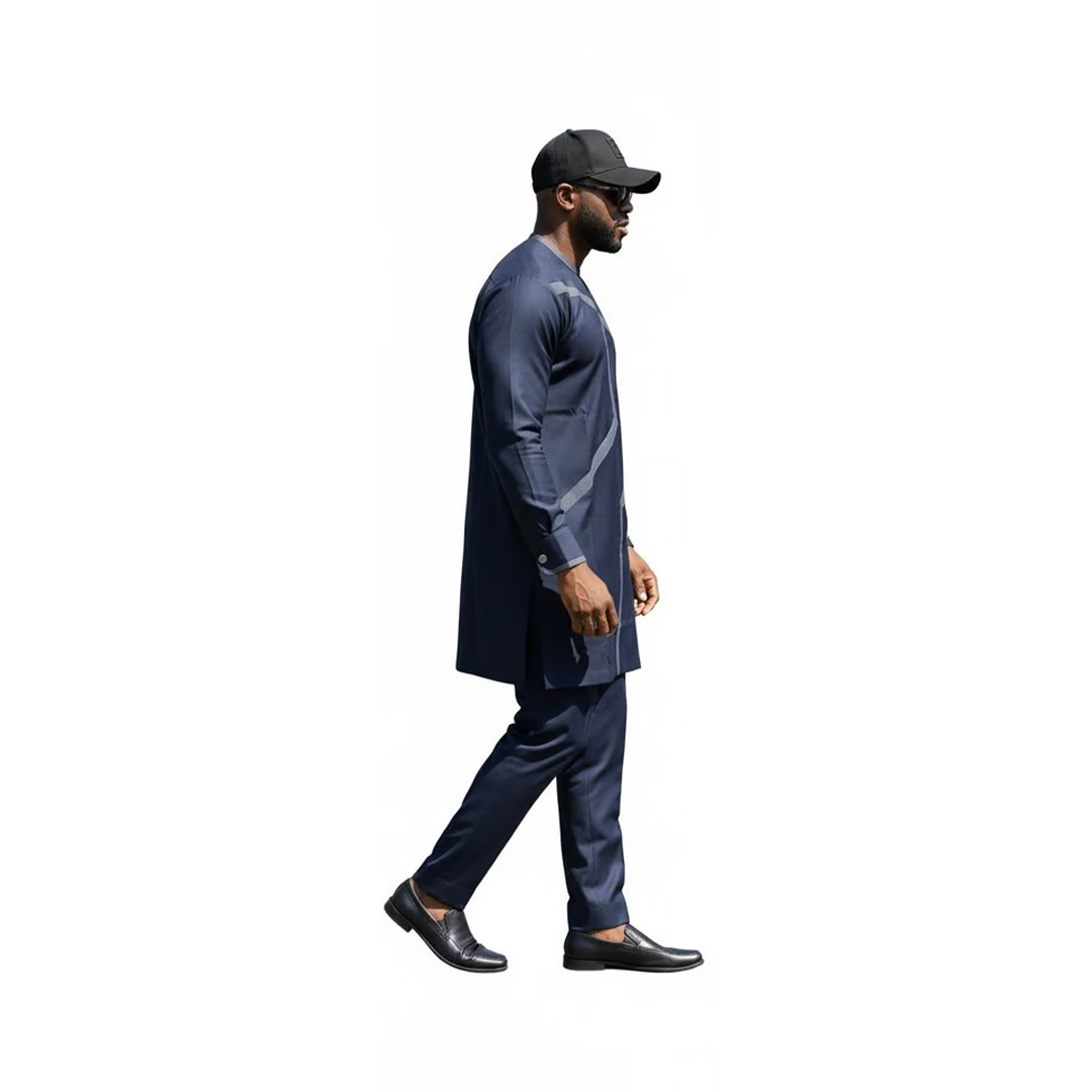 Men’s Navy Blue African Senator Suit – Embroidered Long-Sleeve Kaftan & Trousers Set - Image 3