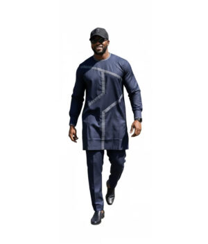 Men’s Navy Blue African Senator Suit – Embroidered Long-Sleeve Kaftan & Trousers Set