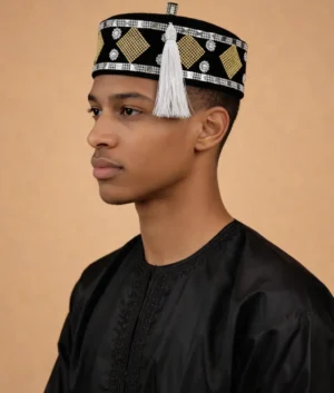 Men’s Black Velvet Kufi Hat with Gold