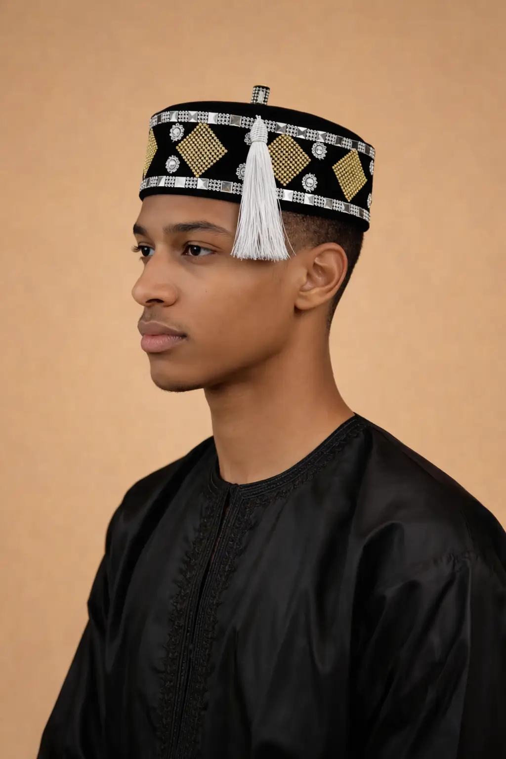 Men’s Black Velvet Kufi Hat with Gold