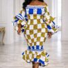 Blue and Yellow Geometric Patterned Ruffle Maxi Dress Blue and Yellow Geometric Patterned Ruffle Maxi Dress