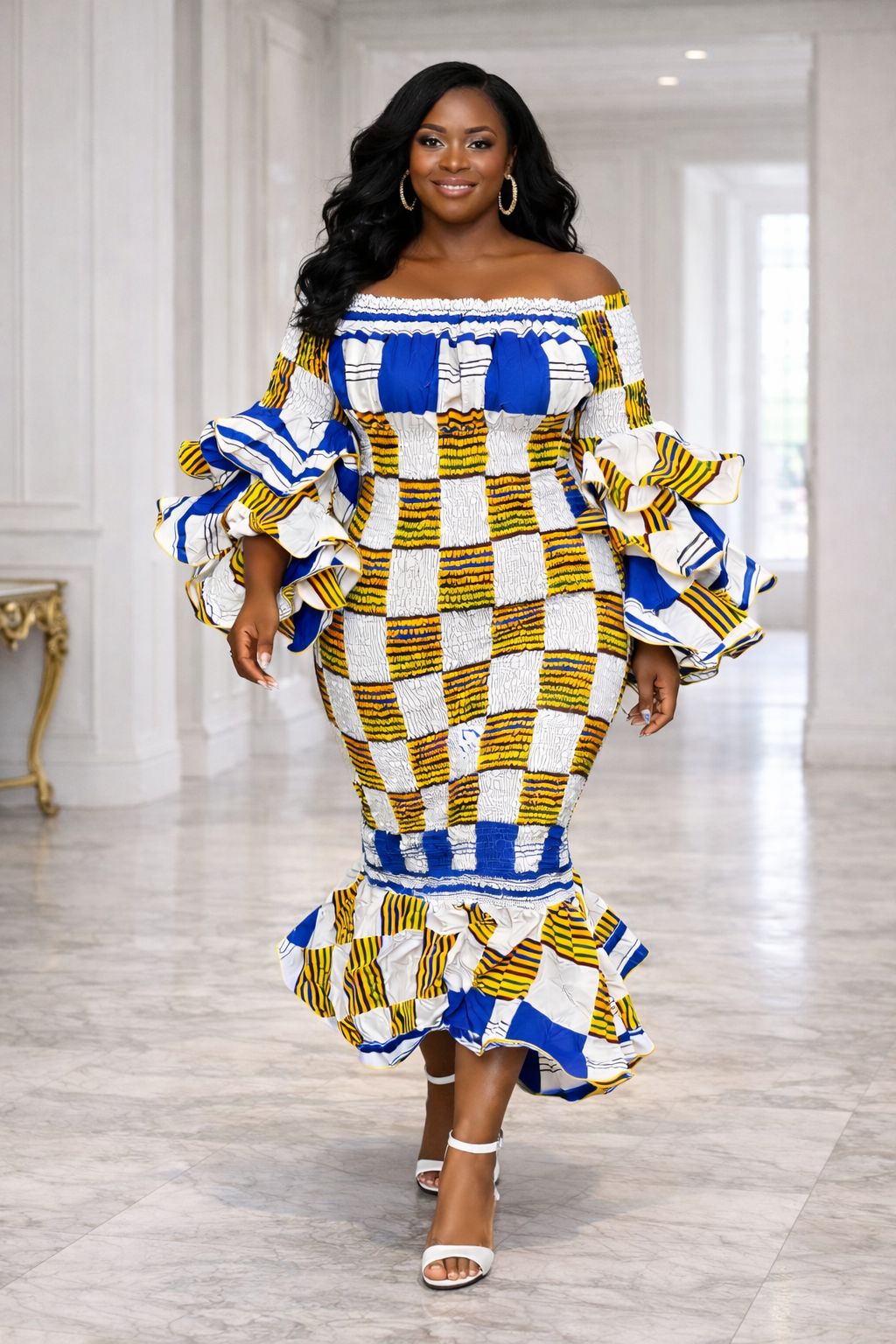 Blue and Yellow Geometric Patterned Ruffle Maxi Dress
