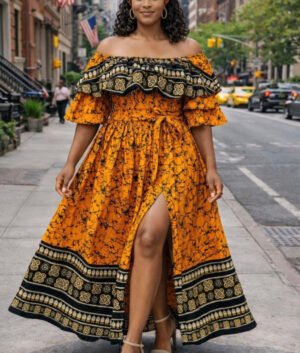 Orange and Black Ankara Print Maxi Dress with Matching Headwrap