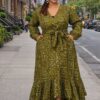 WhatsApp Image 2026-01-31 at 8.19.23 AM African Print Olive Green Long Sleeve Maxi Dress with Pockets and Matching Headband