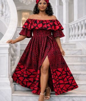 Red and Black Ankara Print Ruffled Maxi Dress
