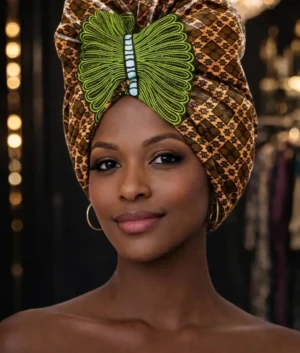 African Print Head Wrap Brown Geometric Cotton Turban