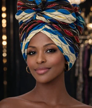Blue and Cream Geometric African Ankara Print Head Wrap