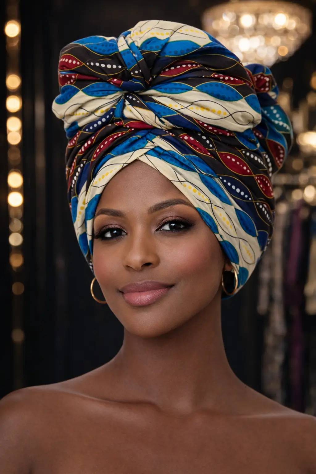 Blue and Cream Geometric African Ankara Print Head Wrap 1 Blue and Cream Geometric African Ankara Print Head Wrap