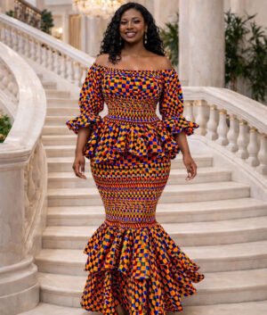 African Print Mermaid Maxi Dress – Orange and Blue Smocked Ankara Gown with Ruffle Detail