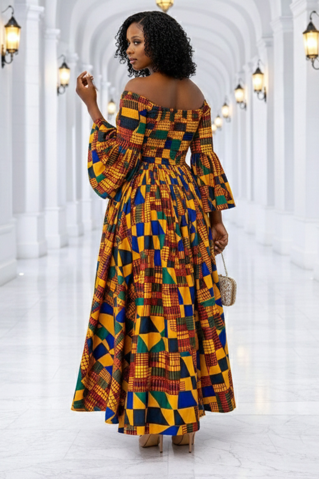 Smocked African Print Maxi Dress with Bell Sleeves 2 Smocked African Print Maxi Dress with Bell Sleeves - Image 2