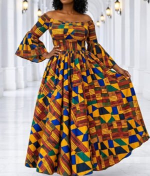 Smocked African Print Maxi Dress with Bell Sleeves