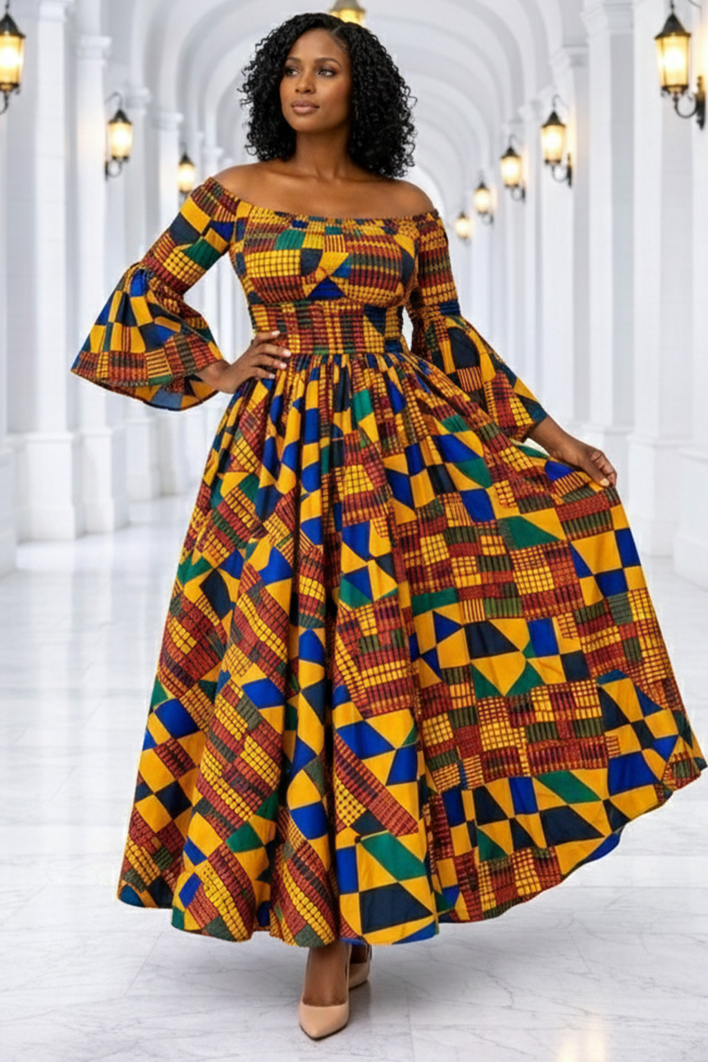 Smocked African Print Maxi Dress with Bell Sleeves 1 Smocked African Print Maxi Dress with Bell Sleeves
