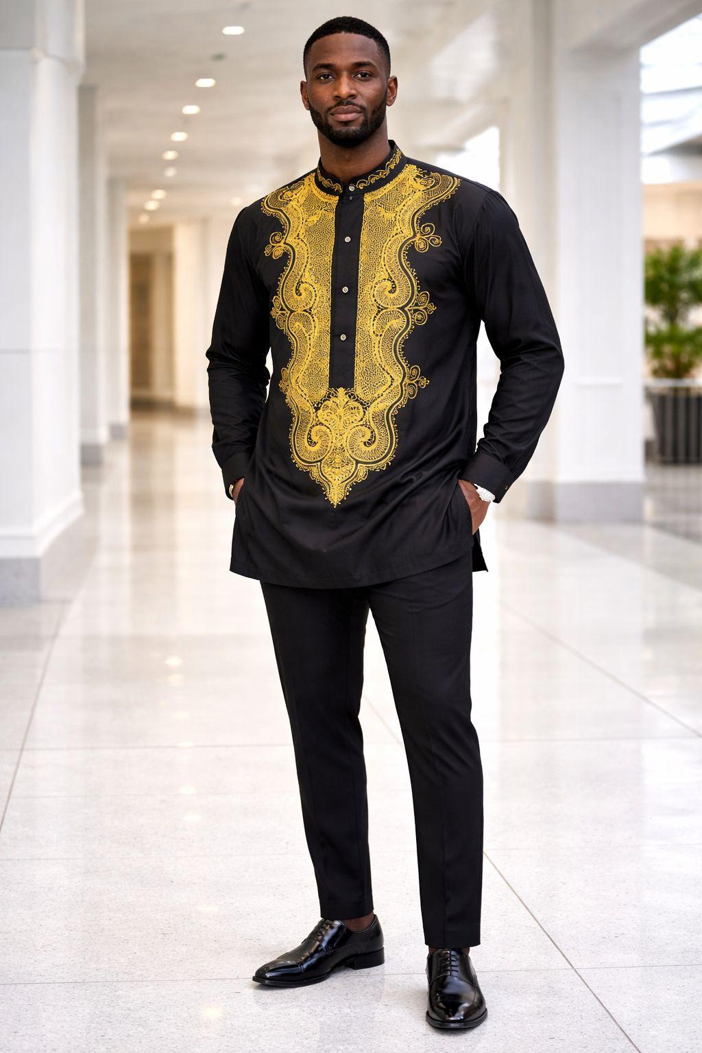 Men’s Black African Embroidered Tunic and Trouser Set – Two-Piece Traditional Kaftan 1 Men’s Black African Embroidered Tunic and Trouser Set