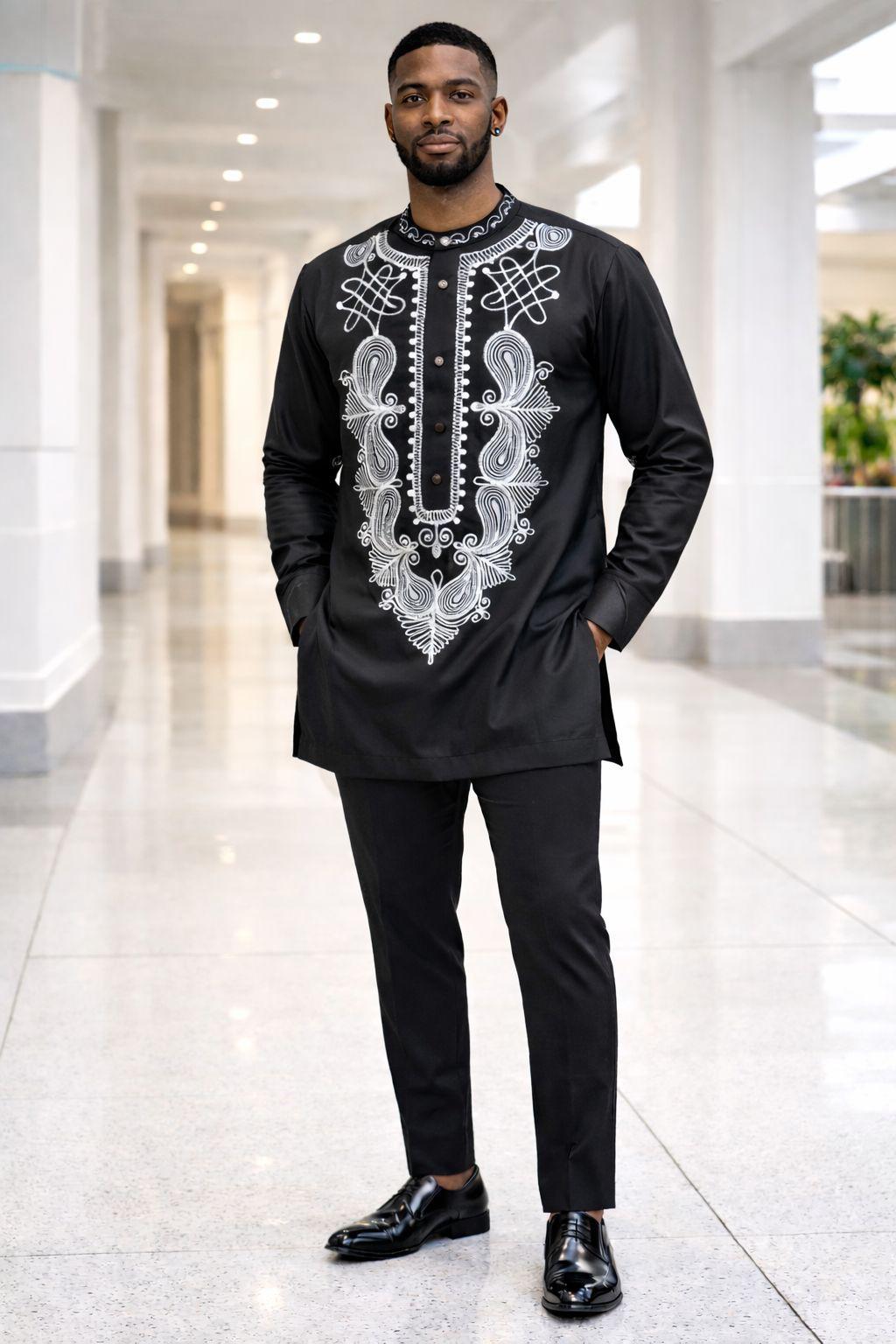 Men’s Black African Embroidered Tunic and Trouser Set – Two-Piece Traditional Kaftan Suit with White Intricate Detailing 1 Men’s Black African Embroidered Tunic and Trouser Set