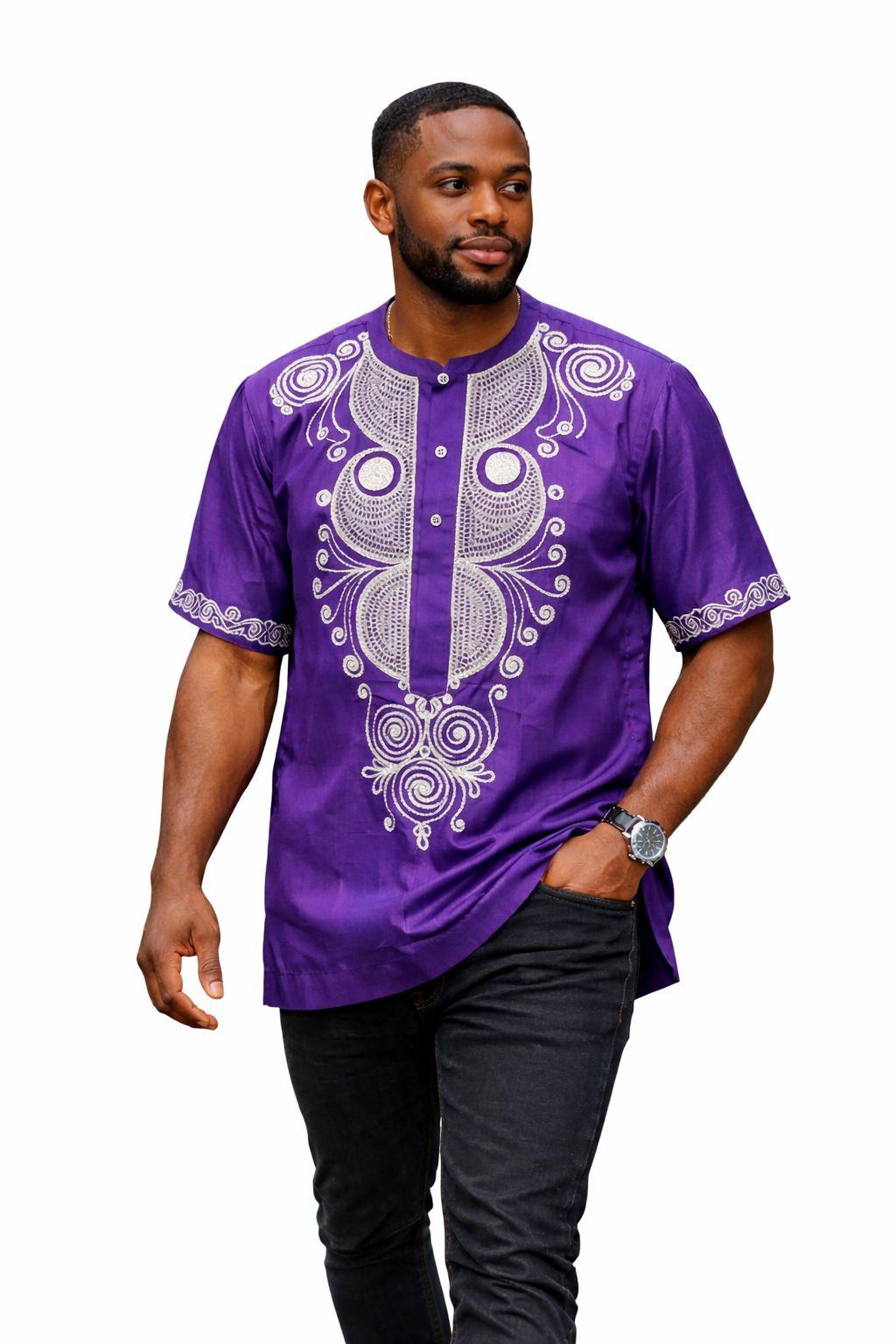 Men’s Embroidered African Dashiki Tunic – Short Sleeve Cotton Heritage Shirt in Black and Purple 1 Men’s Embroidered African Dashiki Tunic – Short Sleeve Cotton Heritage Shirt in Black and Purple